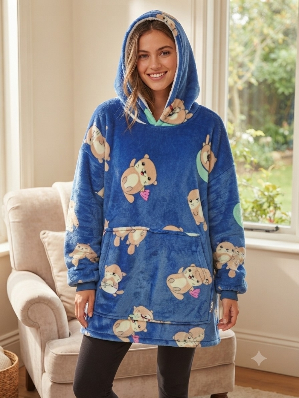Plush Blue Hooded Wearable Blanket with Otter Print